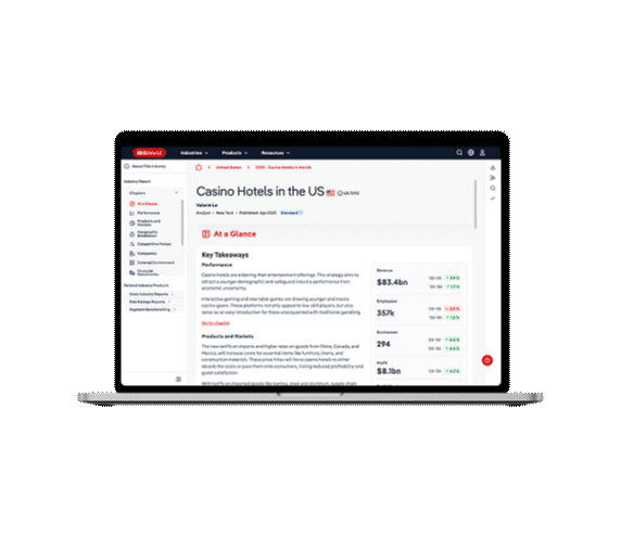 Screens of the IBISWorld platform showing industry data