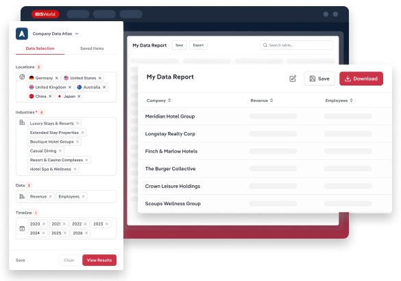 Screens of an IBISWorld Company Intelligence with user interaction